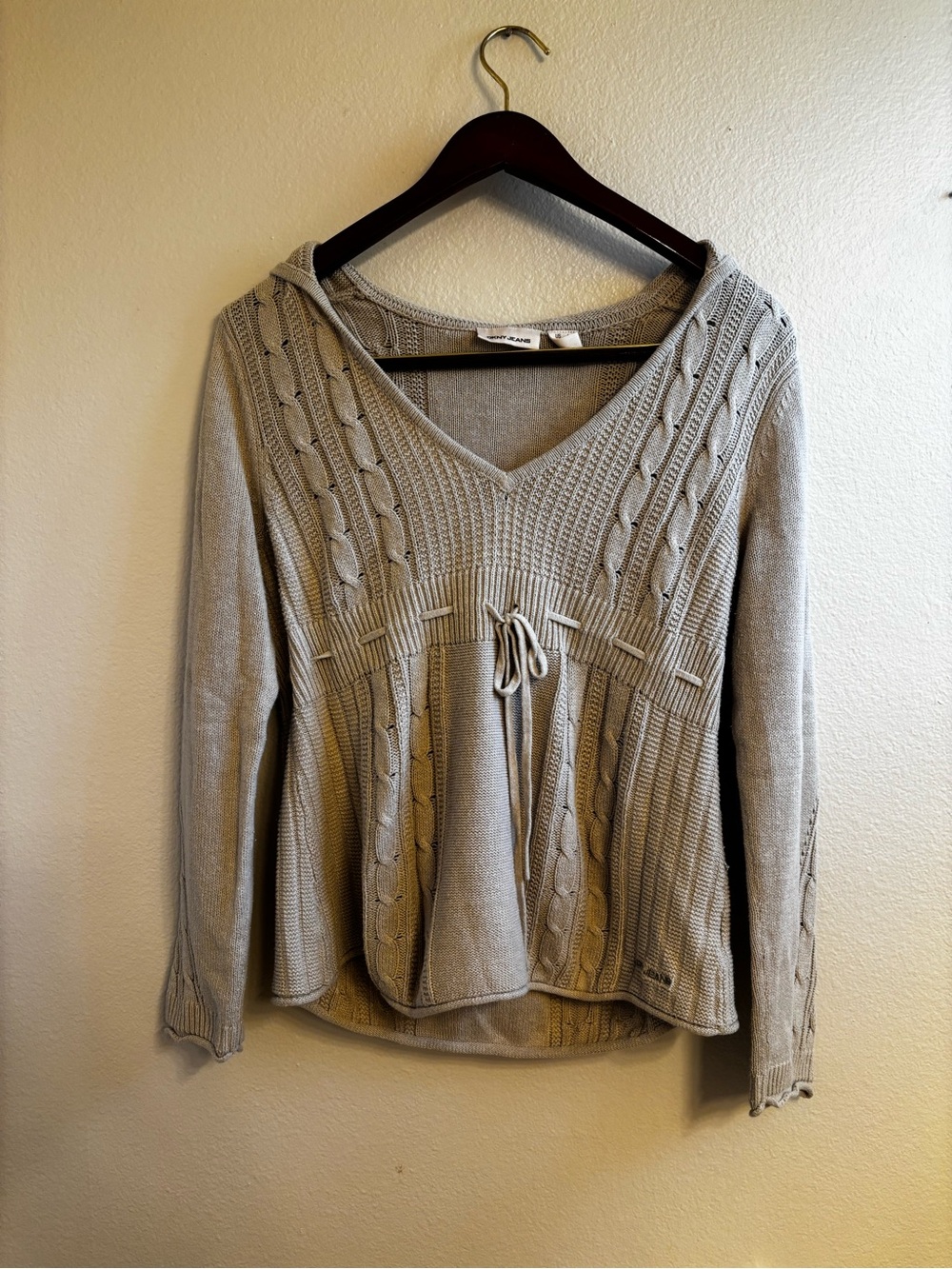 DKNY V-Neck Cable Knit Babydoll Hooded Sweater - Light Beige